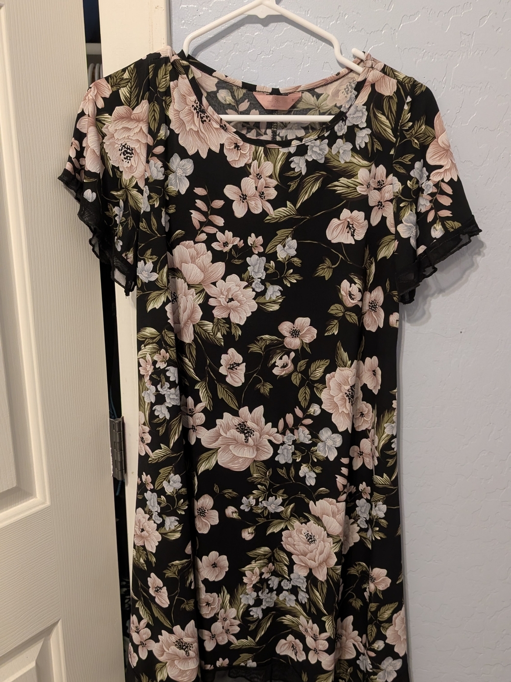 SJS Black Midi Dress with Pink Floral Print
